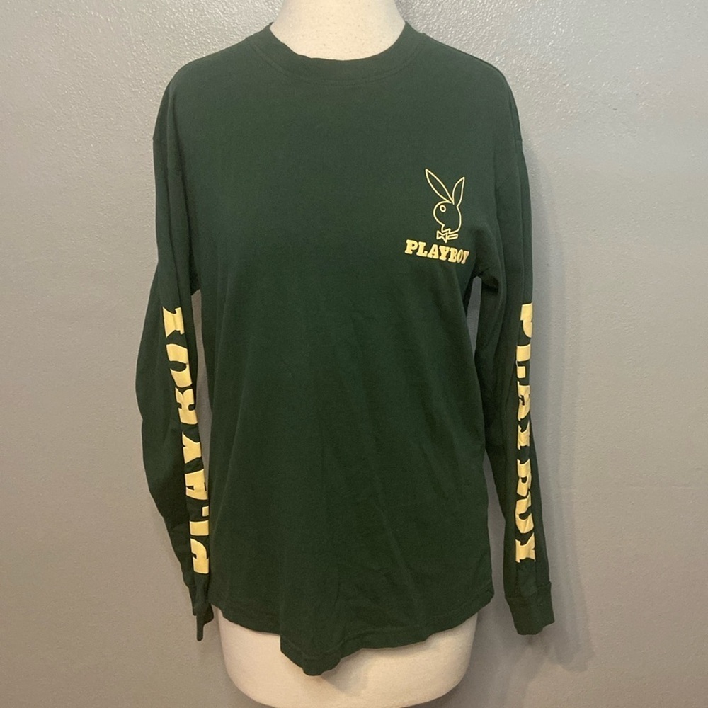 PLAYBOY Long Sleeve Tee Shirt Spell Out Down Sleeves Green Small